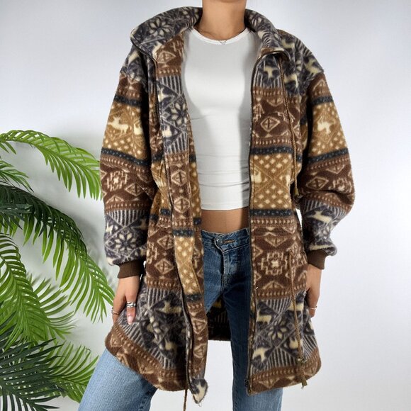 Womens Vintage 90s Brown Aztec Fleece Bohemian Western Zip-Up Jacket / Small - Picture 4 of 7